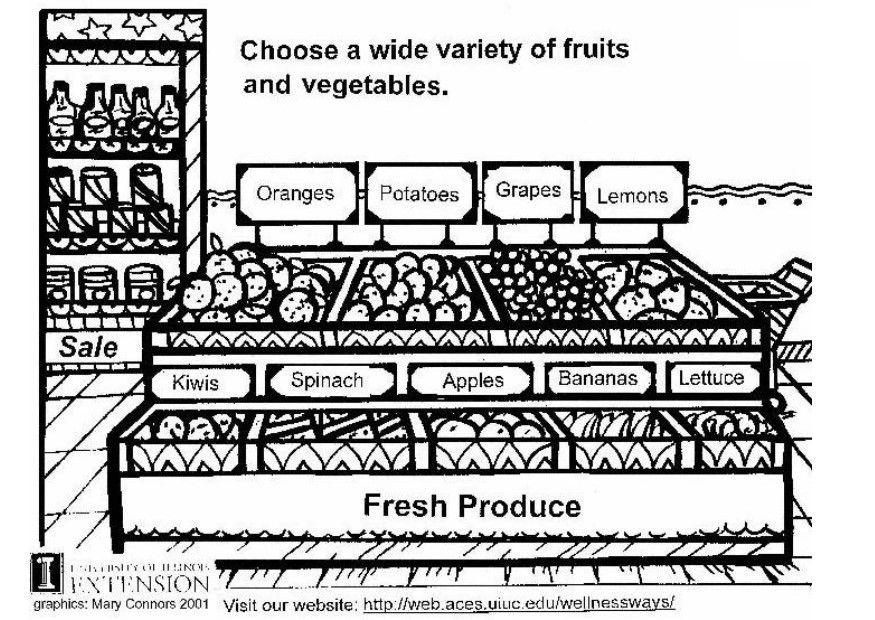 Página para colorir frutas e verduras frescas