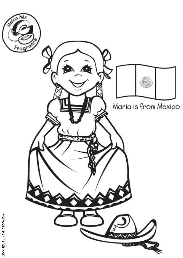 Página para colorir maria com a bandeira do mA©xico