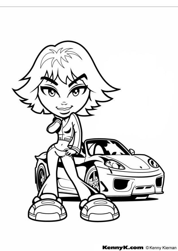 Página para colorir menina com um carro