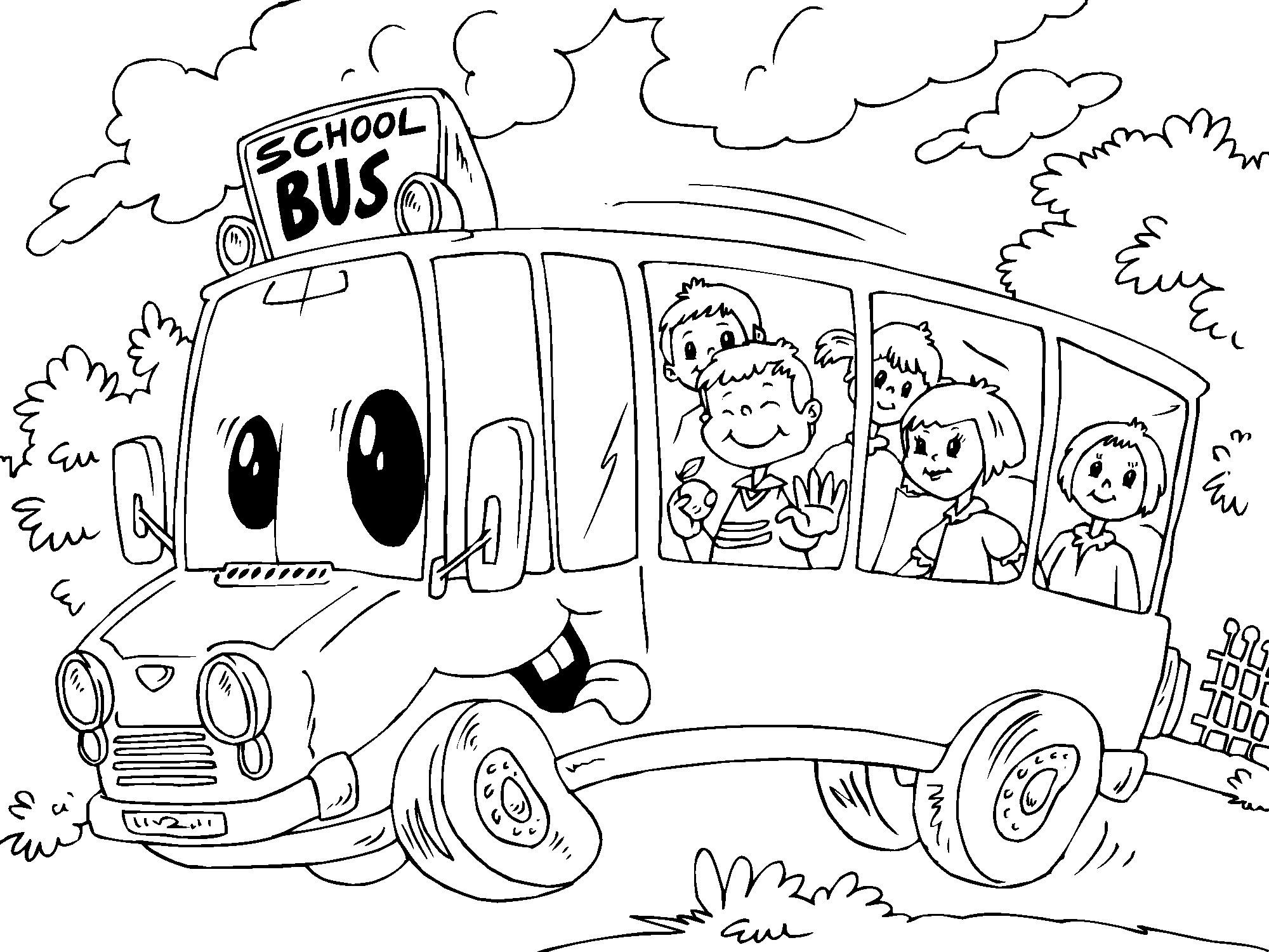 Colorir A Página Com As Crianças Que Viajam No Ônibus Escolar. Cor
